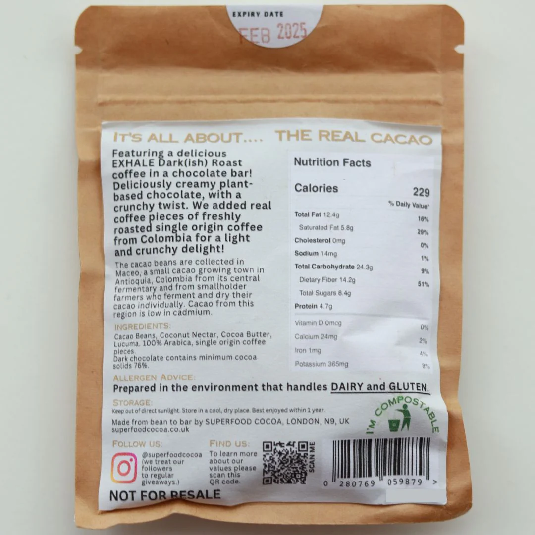 Exhale x Superfood Cacao Chocolate Bar - Dark 76% - 30g - Image 6